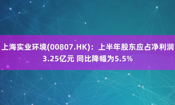 上海实业环境(00807.HK)：上半年股东应占净利润3.25亿元 同比降幅为5.5%